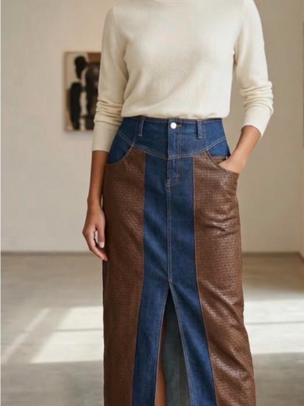 Avec Les Filles Two-Tone Blue and Brown Midi Skirt leather and denim NWT